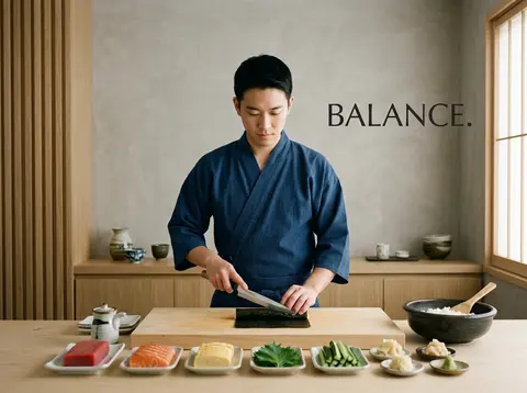 Premium editorial campaign.Main Subject: Young sushi chef inside a minimalist Ja - AI生成图片 1