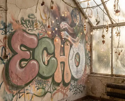 “ECHO” reimagined as a hushed graffiti street mural inside a sun-drenched greenh - AI生成图片 3