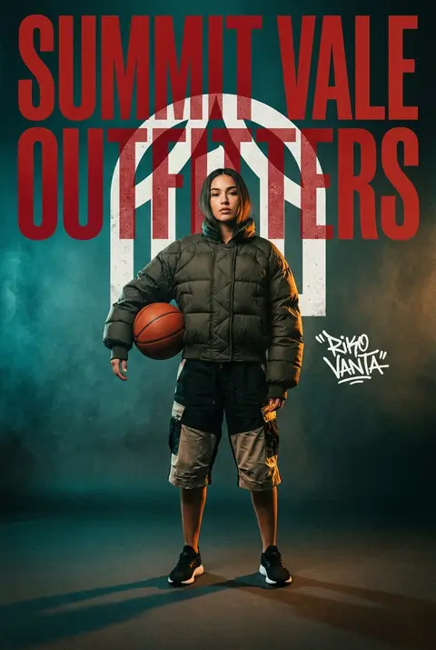 A high-fashion, cinematic concept poster for **Summit Vale Outfitters**. The sce - AI生成图片 1