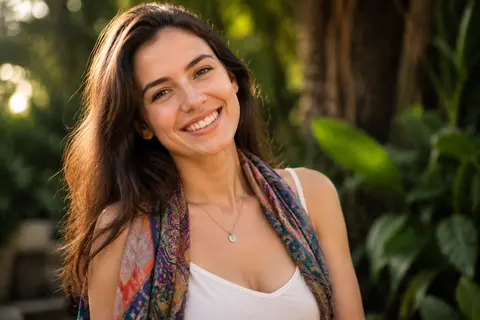 A young woman with long, flowing dark brown hair smiles radiantly, captured in a - AI生成图片 2