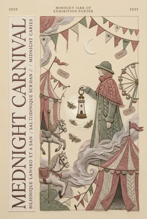 Vertical exhibition poster, midnight carnival stitched entirely as embroidered t - AI生成图片 3
