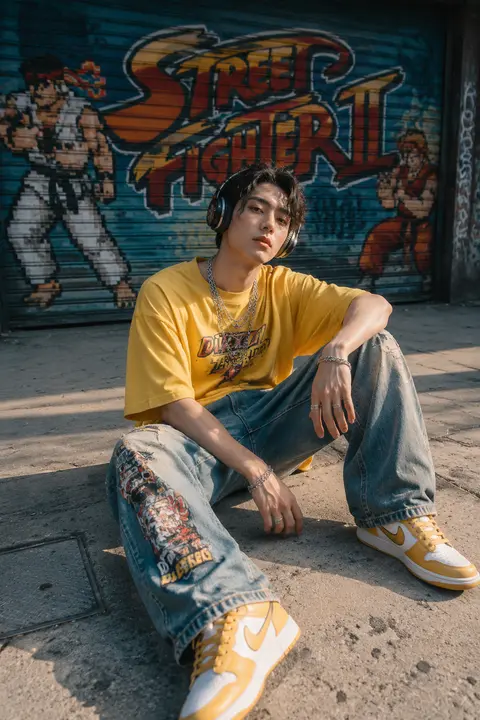 Sunlit urban streetwear portrait of a stylish young man sitting casually on a co - AI生成图片 4