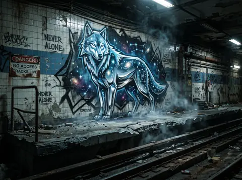 a graffiti street mural of a mysterious constellation wolf standing alone on an - AI生成图片 1