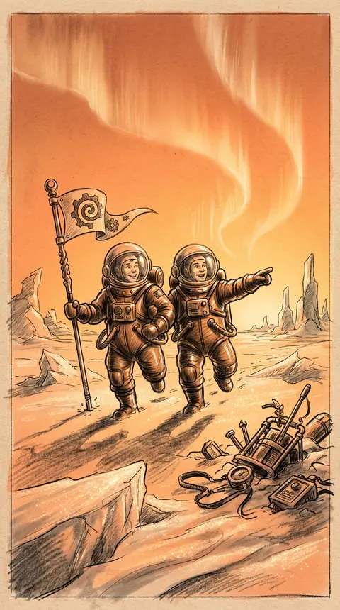 Two jubilant twin astronaut explorers in bulbous vintage pressure suits, skippin - AI生成图片 3