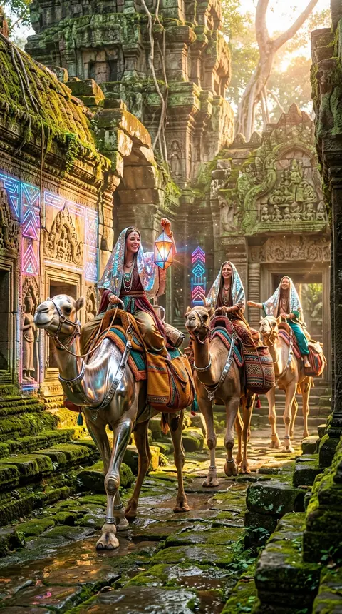 A sun-washed caravan of chrome-framed camels and woven saddlebags glides through - AI生成图片 4