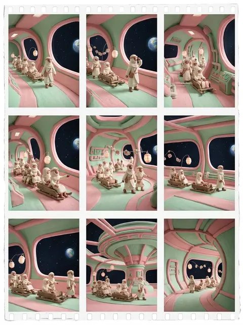 A 3x3 contact sheet of nine linked claymation frames: a quiet desert caravan dri - AI生成图片 1