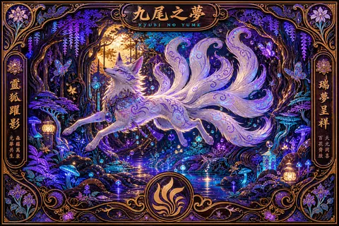 An exuberant art nouveau poster depicting a mythical nine-tailed fox spirit leap - AI生成图片 1