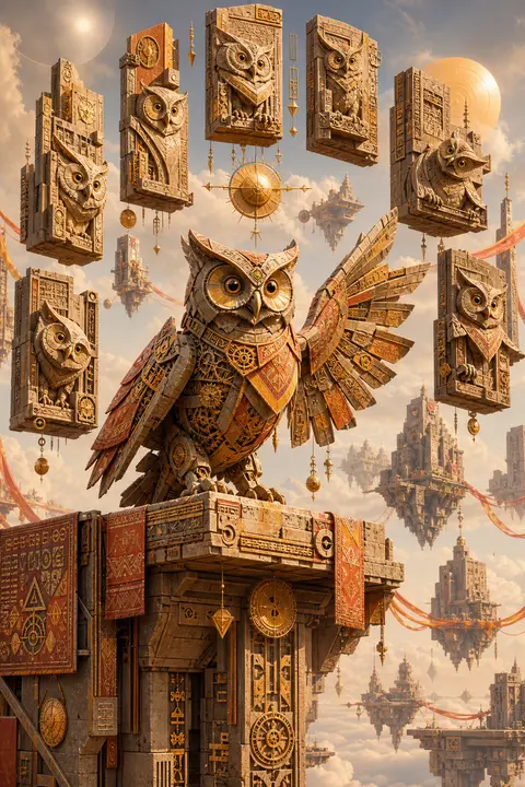 A jubilant surreal composition centered on a clockwork owl poised on the edge of - AI生成图片 1