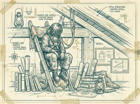 blueprint schematic of a solitary deep-sea diver in a bulky vintage suit seated - AI生成图片 1