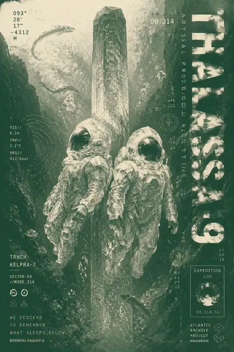 Twin astronaut explorers drift shoulder-to-shoulder through a cathedral-like und - AI生成图片 1