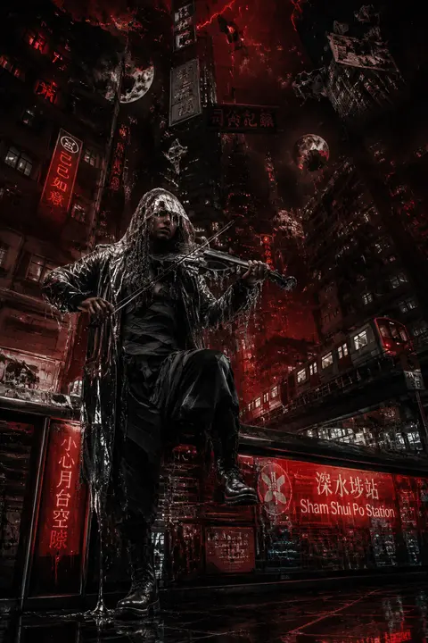 A vertical low-angle view from street level, capturing a solitary violin busker - AI生成图片 2