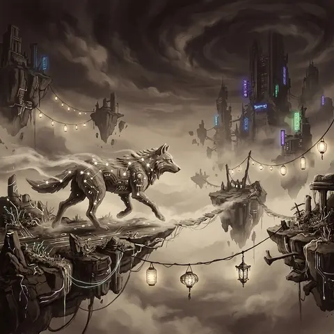 A melancholic cyberpunk neon illustration on floating sky islands, with a wolf f - AI生成图片 1