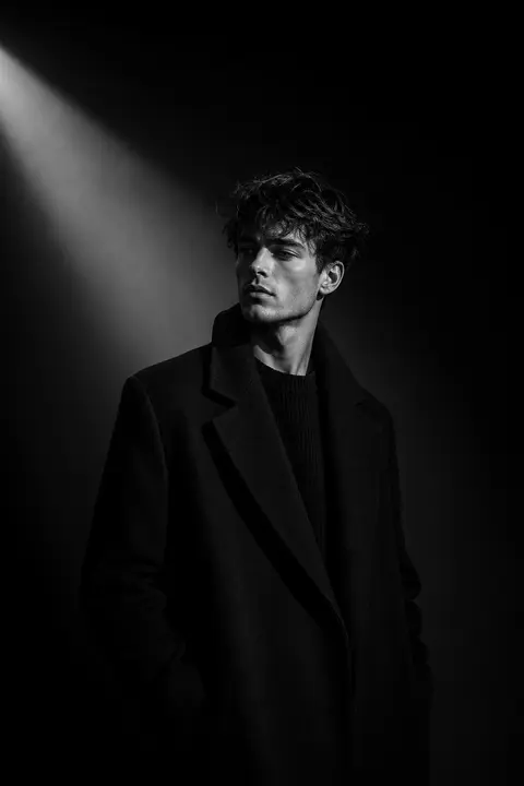 Ultra-cinematic black-and-white portrait of a young man standing in a dark minim - AI生成图片 1