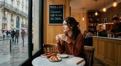 Cinematic lifestyle photograph of Elodie Marceau, a thoughtful young woman seate - AI生成图片 1