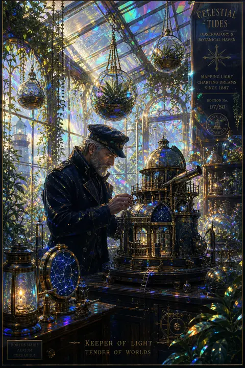 A solitary lighthouse keeper tending a miniature brass observatory inside a sunl - AI生成图片 3