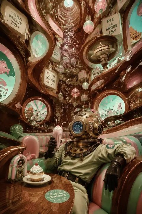 A whimsical surrealist photo collage of a deep-sea diver lounging inside a 1950s - AI生成图片 1