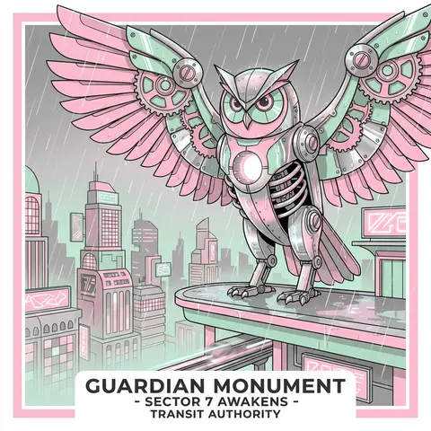 A monumental clockwork owl towering on a rain-slick transit platform high above - AI生成图片 1