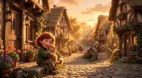A heartwarming Pixar-inspired 3D render set in a quaint timber-and-thatch villag - AI生成图片 1