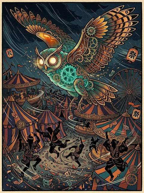 A clockwork owl whirls above a midnight carnival in a storm of motion, its body - AI生成图片 2