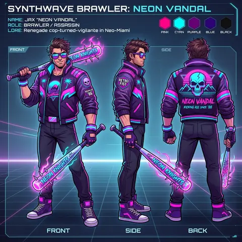 Synthwave BrawlerCreate a detailed character sheet of a Synthwave Retro Brawler - AI生成图片 2