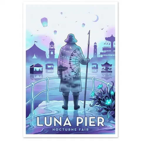 复古旅行海报风格插画，主题改为“LUNA PIER, NOCTURNE FAIR”，竖版构图，画面极简而空灵，结合中世纪现代海报版式与双重曝光摄影质感，四周大面 - AI生成图片 4