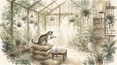 A mischievous tea-house cat perched atop a stack of rough burlap cushions, batti - AI生成图片 2