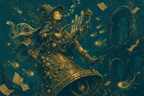 a whimsical wandering street musician drifting through a vast underwater abyss, - AI生成图片 1