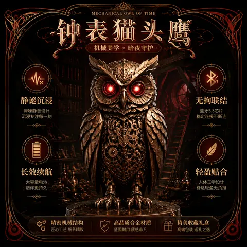 电商主图设计，一只钟表机关猫头鹰作为核心产品化身，静立于温暖却诡谲的阁楼藏书室中央，羽片由锤纹铜打造，机械关节精密繁复，眼部发出幽暗红光，整体以新艺术风海报构图 - AI生成图片 3