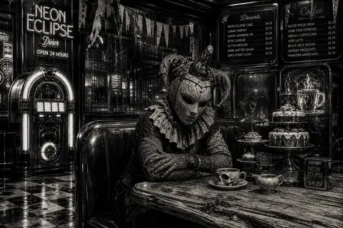 A masked carnival acrobat sits alone in a chrome-edged booth inside a 1950s retr - AI生成图片 2