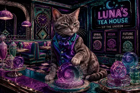 A suspense-soaked cinematic tableau of a refined tea-house cat poised on a chrom - AI生成图片 1