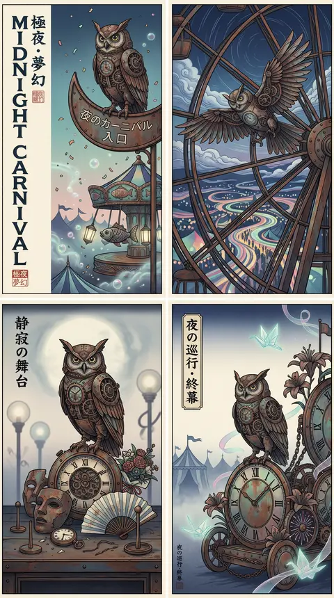 四联屏2x2拼贴展示，细窄米白分隔线，整体像午夜嘉年华主题的版画艺廊墙，统一采用浮世绘木版画语言，超精细雕版纹理、层层套印、纸张纤维可见、构图考究、展陈级完成度 - AI生成图片 2