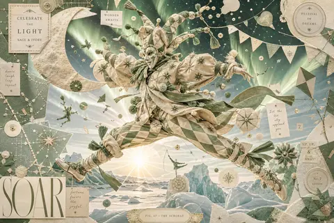 A jubilant surrealist photo collage of a masked carnival acrobat leaping across - AI生成图片 2