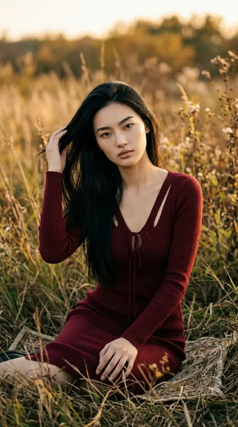 电影感超写实人像摄影，竖构图，半身至大腿取景：年轻成年女性“林昭棠”坐在户外荒草地间，冷白通透的肤色，面部轮廓精致立体，浓眉清晰，微微上挑的杏眼直视镜头，裸调饱 - AI生成图片 2