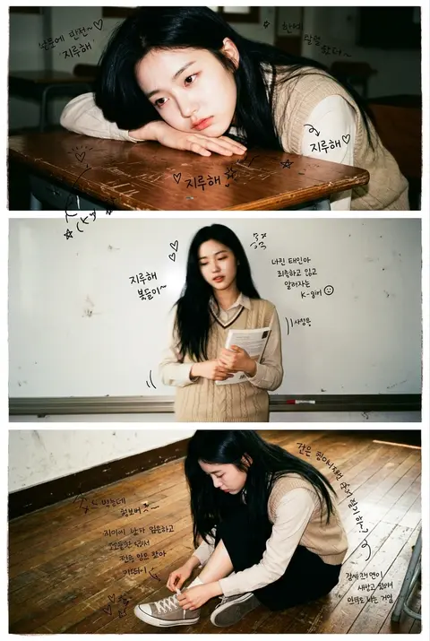 vertical 3-panel college photo strip, subject: Minseo Han, a fictional Seoul art - AI生成图片 2