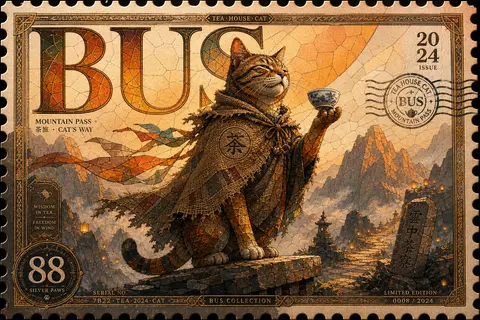 A monumental luxury postage stamp poster for **BUS** in the style of a rare coll - AI生成图片 2