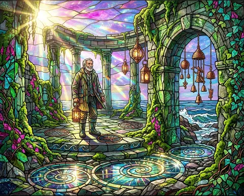 sunlit stained-glass mosaic of a lone lighthouse keeper in ancient moss-covered - AI生成图片 1
