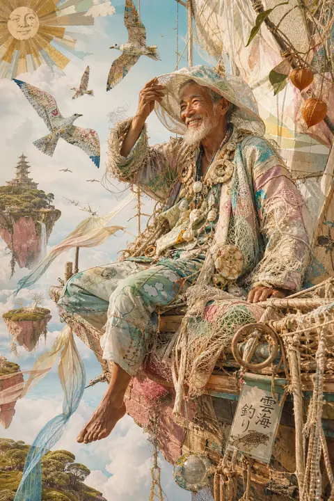 An elderly fisherman with a weathered smile lounges on the edge of a drifting sk - AI生成图片 1