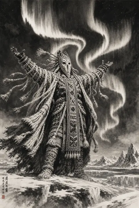A towering masked carnival acrobat stands alone on a wind-carved polar expanse, - AI生成图片 1