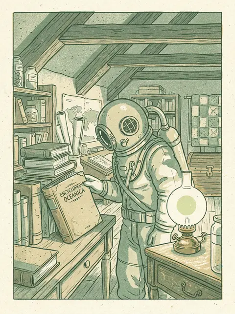 an atmospheric risograph two-tone print of a deep-sea diver pausing in a cozy cl - AI生成图片 2