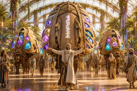 A radiant cyberpunk neon illustration of a jubilant desert nomad caravan staged - AI生成图片 1
