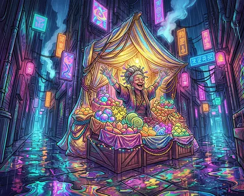 A radiant cyberpunk neon illustration of a jubilant fruit vendor in a rain-drenc - AI生成图片 1