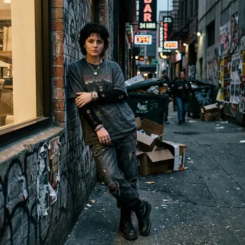 A high-detail photograph of a defiant woman posing nonchalantly. She has a messy - AI生成图片 3