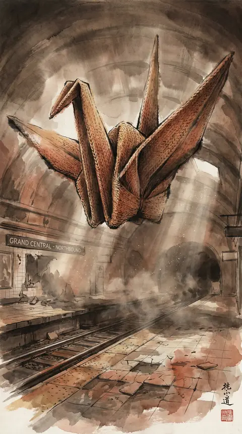 An epic, monumental ink-wash scene on an abandoned subway platform: a living ori - AI生成图片 2