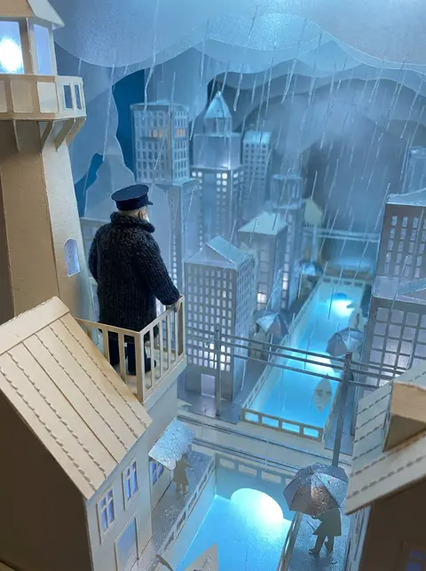 A solitary lighthouse keeper in a knitted wool coat stands on a floating balcony - AI生成图片 1