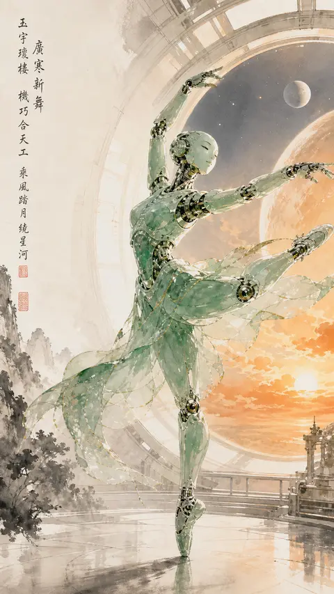 A joyful robotic ballet dancer fashioned from carved jade, twirling inside a sun - AI生成图片 1