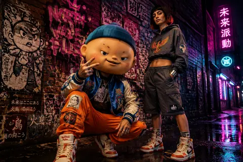 A cinematic street-fashion portrait in a rain-damp service passage at night, wit - AI生成图片 1