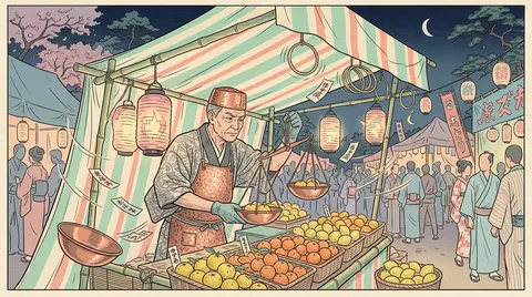 Pastel ukiyo-e woodblock print of a tense midnight carnival: a market fruit vend - AI生成图片 4