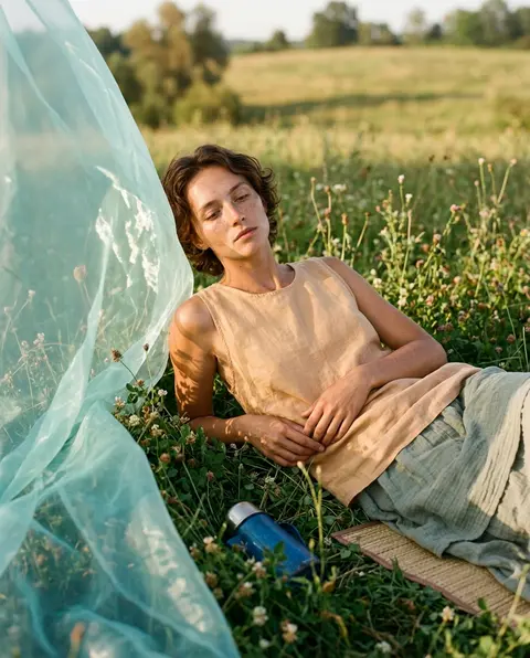 A lifelike fashion editorial scene set in an open meadow at golden afternoon, fe - AI生成图片 1