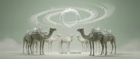 一支沙漠游牧商队在雾霭弥漫的高山隘口缓缓停驻，数匹修长驼兽披挂半透明霜晶鞍具与雕花晶链，围拢着画面中央一枚悬浮的神秘霜晶圣环，仿佛静默吸引万物的核心；乳白山雾、 - AI生成图片 2