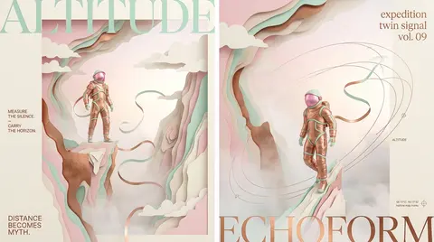 avant-garde editorial cover, towering vertical composition, vast misty alpine co - AI生成图片 4